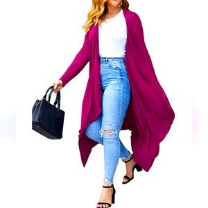 Long Open-Front Women's Cardigan Sweater in Magenta